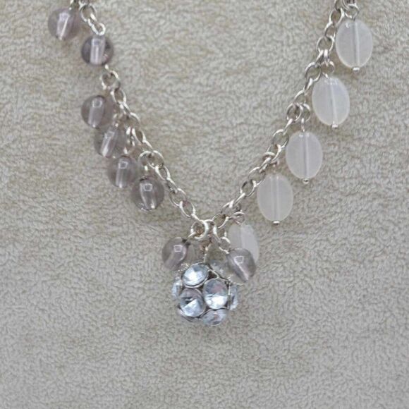 J Crew Silver Tone Faux Pearl Crystal Beads Ball Long Necklace - Picture 5 of 10